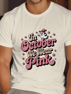 October We Wear Pink T-Shirt, Pink Ghost Halloween Tee